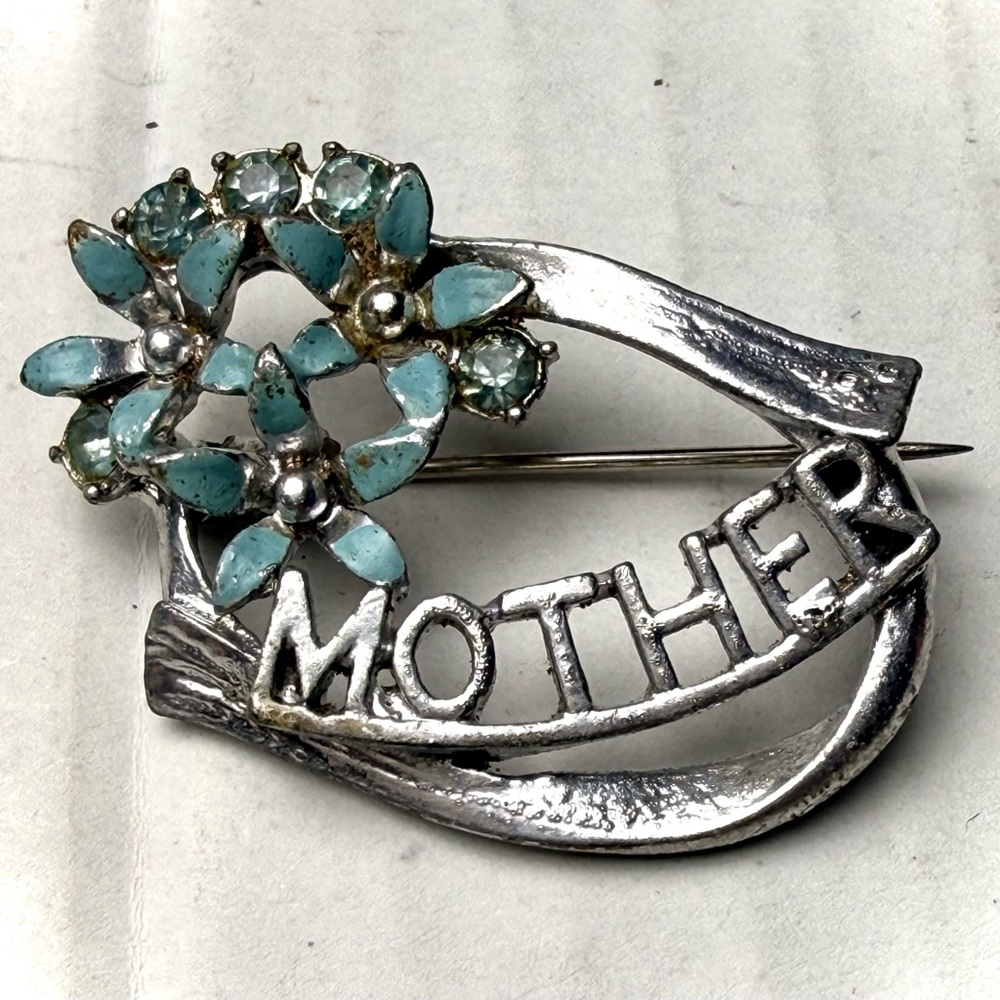 Vintage Blue Flowers Rhinestone "MOTHER" Brooch Pin Mothers Day Art Deco Floral
